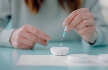 Careful Handcrafting of a Small Ball Using a Cotton Swab Against a Blue Background