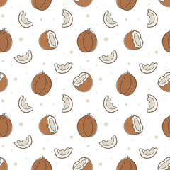 Coconut abstract doodle seamless pattern. Whole and half Tropical exotic fruit. Summer Dessert Food Background. Cover, banner, label, packaging design 