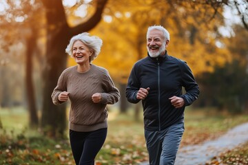 Fototapeta premium A cheerful senior couple jogging in a park