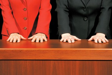 Two Businesspeople Standing at Wooden Desk in Red and Black Suits with Hands Pressed on Table