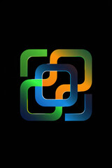 Logo design featuring a square shape with three chain-like curves inside it, in a color palette of blue, green, and orange on a black background