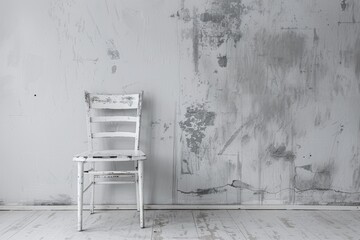 Vintage White Wooden Chair Against a Distressed Gray Wall in Minimalist Setting
