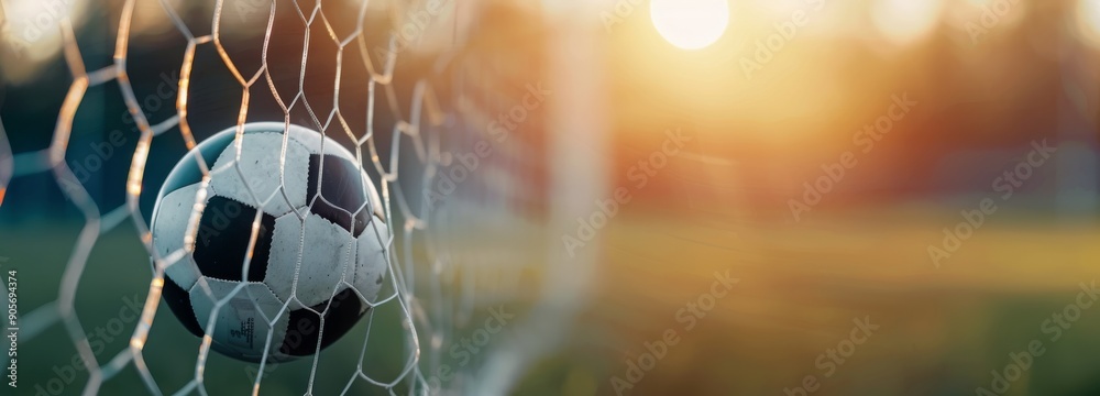 Wall mural Soccer Ball Reaches Goal Net During Sunset at Outdoor Field