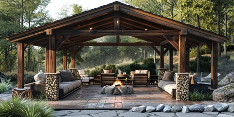 Simple and Elegant Wooden Patio with Open Roof Design, Stone Walls as Seating Areas, Offering a Cozy Spot for Family to Enjoy a Bonfire Together.