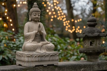 Serene Buddha Statue in Garden with Twinkling Lights - Peaceful Outdoor Meditation Space