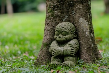 Serene Stone Monkey Statue Resting Against Tree Trunk in Lush Green Garden