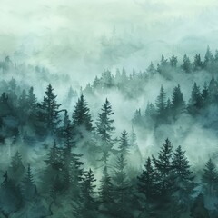 Misty Evergreen Forest Landscape in Watercolor, a Tranquil Illustration of Fir Trees Shrouded in a Serene Green HAZE