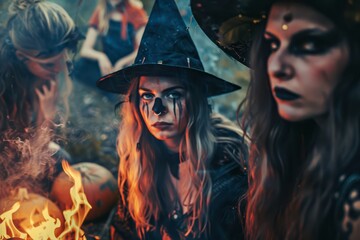 Fototapeta premium Witches Gathering Around Bonfire During Autumn Night Celebration