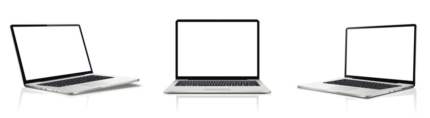 Modern laptop mockup, isolated on white background with reflection