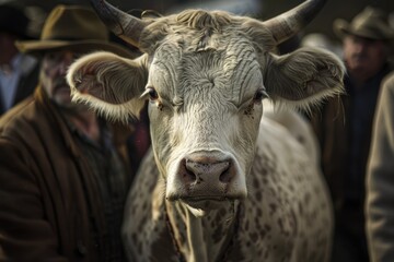 Naklejka premium Fair Cow. Owners Showing Cattle to Jury at Bjelovar County Fair in Croatia