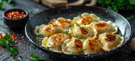 Pierogi Poland. Golden, pan-fried Polish pierogi stuffed with savory fillings, served with fresh herbs. This traditional dish is a favorite comfort food in Polish cuisine.