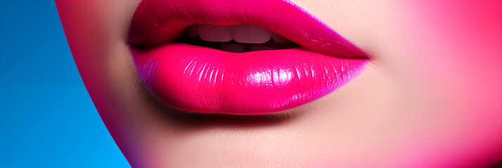 Obraz premium Vibrant pink lips against a striking blue background in dramatic lighting. Abstract face for presentation of cosmetic procedures