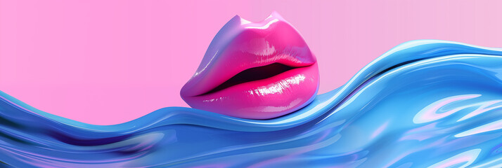 Fototapeta premium A vibrant red lips with a glossy finish, seamlessly integrated into a flowing, abstract shape of blues and pinks. Abstract face for presentation of cosmetic procedures