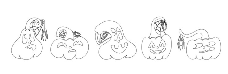 Set of funny doodles, coloring pages of autumn pumpkin characters with webs and spiders. Vector graphics.