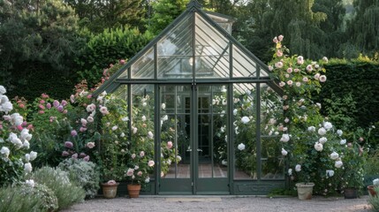 A charming greenhouse with glass panels is nestled among vibrant rose bushes, creating a serene garden atmosphere in the soft evening light.