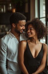 Fototapeta premium Happy couple hugging, looking at each other and smiling in a modern apartment interior