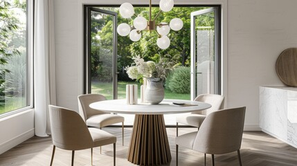 Fototapeta premium A modern suburban dining room with a round table, upholstered chairs, and a statement chandelier.