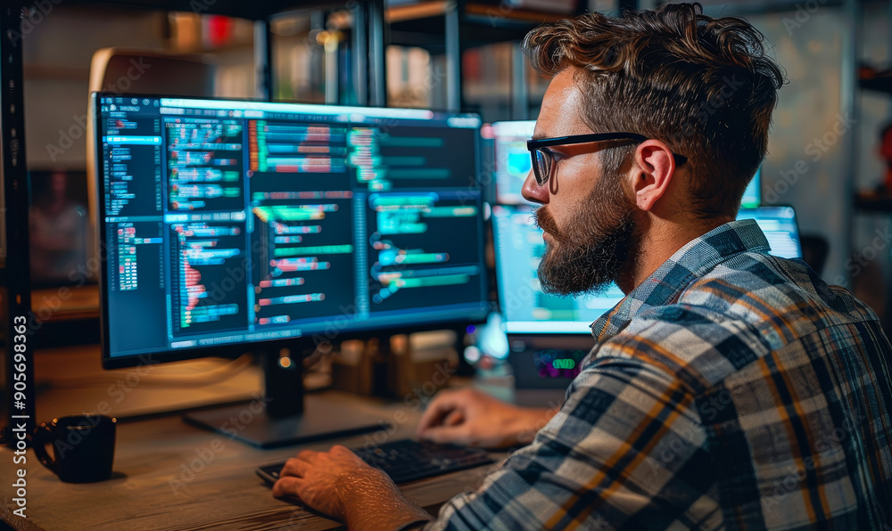 Poster bearded male developer working on code at night in a wooden industrial workspace, wearing a checked 