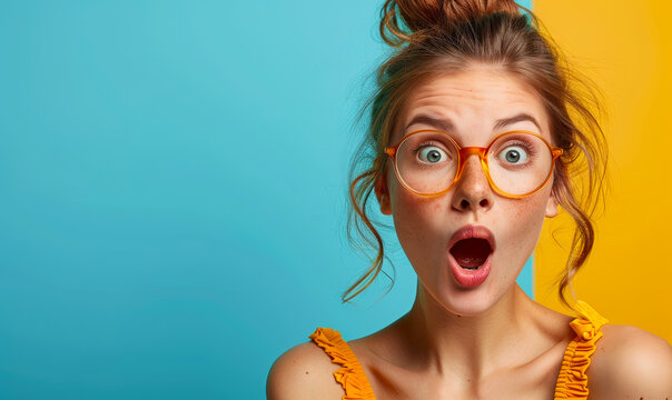 Astonished Young Woman with Glasses Expressing Surprise Against Vibrant Background