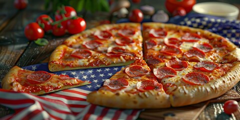 A pizza with pepperoni on an American flag.