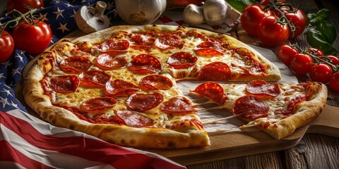 A pizza with pepperoni on an American flag.