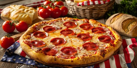 A pizza with pepperoni on an American flag.