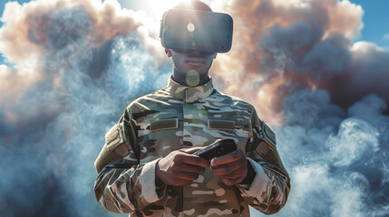 Fototapeta premium Soldier in futuristic VR glasses holds remote control, portrait of man wearing military uniform uses robot. Concept of army, warfare, cyber troops, technology, future