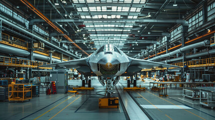 Fototapeta premium Futuristic airplane being built at modern aerospace factory, military aircraft is in assembly shop of plant. Concept of plane, industry, manufacturing, machinery, war