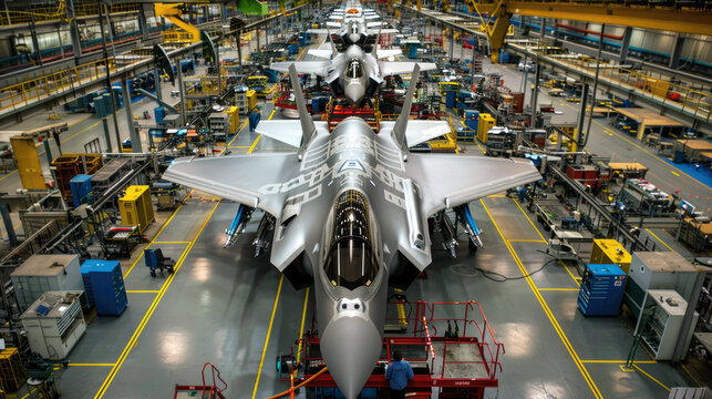 Futuristic airplanes being built at modern aerospace factory, military aircrafts are in assembly shop of plant. Concept of plane, industry, manufacturing, fighter, war