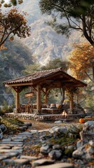 Fototapeta premium Simple and Elegant Wooden Patio with Open Roof Design, Stone Walls as Seating Areas, Offering a Cozy Spot for Family to Enjoy a Bonfire Together.