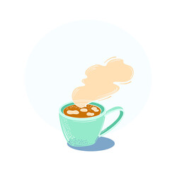 Hot cup of coffee or tea, flat illustration, isolated, on blue background. 