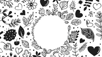 Fototapeta premium Circular doodles of hearts leaves spirals spots and a hole with room for text Hand drawn design