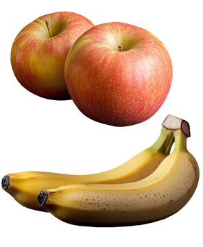 Frutas, duas  bananas e ma&ccedil;&atilde;s isoladas em um fundo transparente,