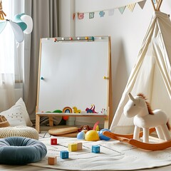 Scandinavian farmhouse style beige living room interior with natural wooden furniture. Mock up frame on wall background. 3d render illustration.
