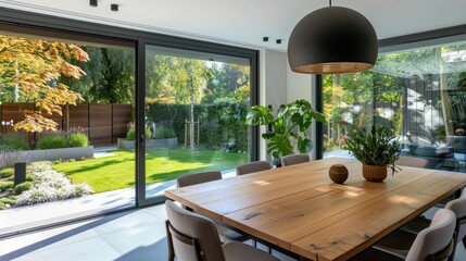 A modern suburban dining room with a wooden table, contemporary chairs, and a large window with a garden view.