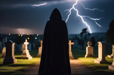 mysterious dark figure of grim reaper walking in graveyard during thunderstorm with lightning