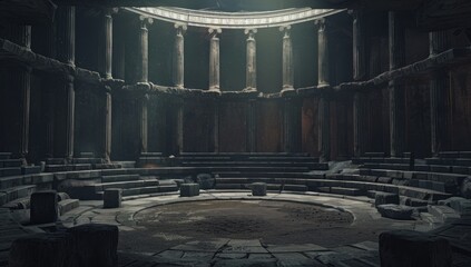 Ancient Roman Ruins, a  circular chamber with stone seats and pillars illuminated by a single light source