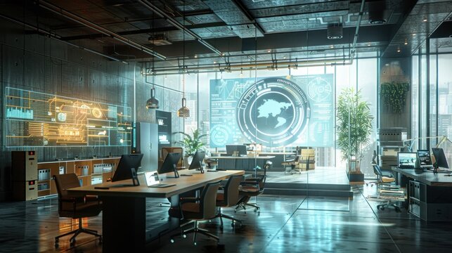 A high-tech coworking space with holographic projectors and futuristic design elements.