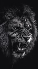 Powerful black and white image of a roaring lion, capturing its raw intensity. Ideal for dramatic wildlife photography and art lovers.