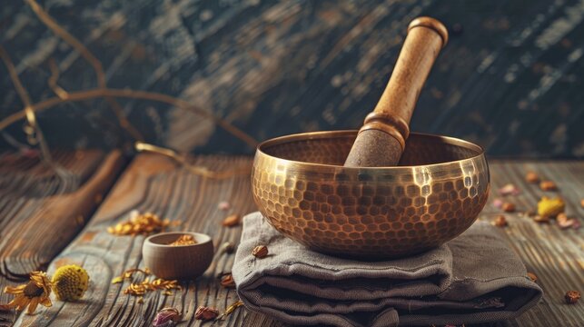 Vintage toned copper singing bowl with religious items for rituals prayers and meditation on wooden background empty space