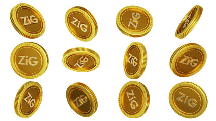 3D rendering of set of abstract golden Zimbabwe gold Zig coins concept in different angles. Zimbabwean gold sign on golden coin isolated on transparent background