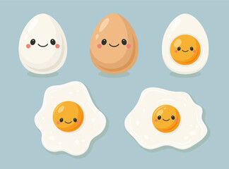 Vector Egg Character Set. Cute Eggs in Kawaii Cartoon Style. Boiled and Fried Egg with Funny Cute Face