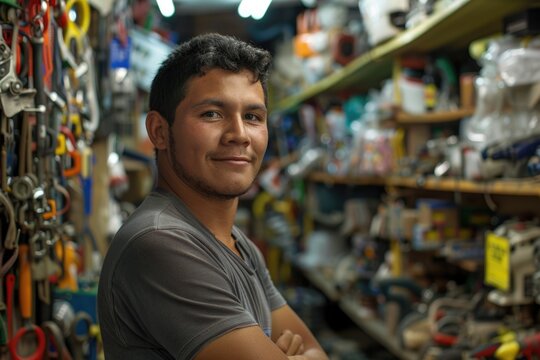 Small Hardware Store. Young Brazilian Man Working in a Hardware Retail Shop