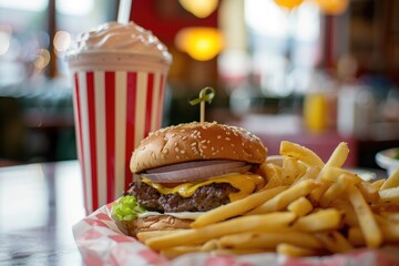 Cooked Burger and Chips with a Delicious Milkshake - Fast Food Dinner