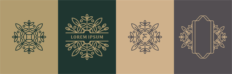 Luxury flowers and leaves logo design. Frames with copy space for text or letter. Abstract vector based creative line style template.