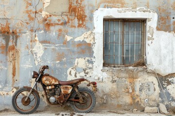 Motorcycle Border. Old Classic Bike near Damaged Wall in Demilitarised Zone