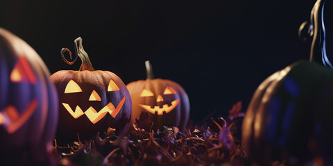 3D render showing a few carved pumpkins in the corners against a black backdrop, halloween theme wallpaper, space for text