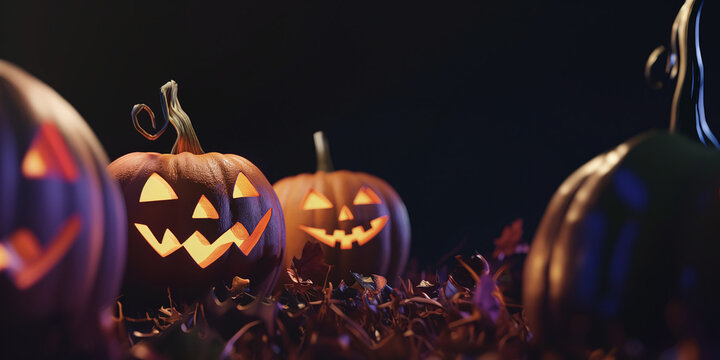 3D render showing a few carved pumpkins in the corners against a black backdrop, halloween theme wallpaper, space for text