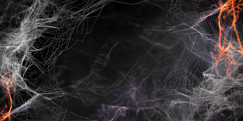 Halloween theme wallpaper, a black background with intricate spider webs forming a border along the corners, space for text
