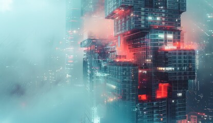 Obraz premium Futuristic Cityscape in a Foggy Night
